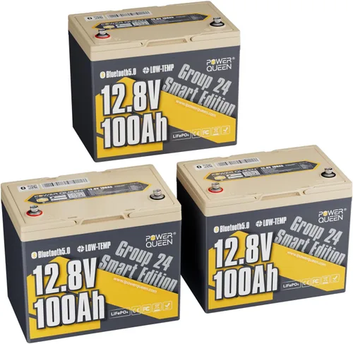 Vista 14 de Power Queen - Batería de litio LiFePO4 de 12 V/100 Ah con Bluetooth, batería de ciclo profundo de corte de baja temperatura con BMS de 100 A, 1280