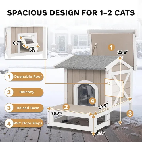 Vista 4 de Casa aislada para gatos al aire libre para invierno, refugio de madera resistente a la intemperie para gatos al aire libre y salvajes con puerta