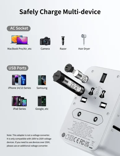 Vista 7 de MOMAX Adaptador de viaje universal, adaptador de enchufe internacional de 20 W+18 W con 2 USB-A de carga rápida y 1 USB C PD de carga rápida, 1 CA