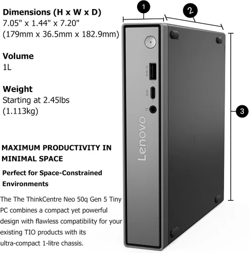 Vista 5 de Lenovo ThinkCentre neo 50q Gen 5 Mini PC de sobremesa, Intel Core i5-13420H de 8 núcleos, 8 GB DDR5 RAM, 512 GB SSD, WiFi 6E, Bluetooth 5.3