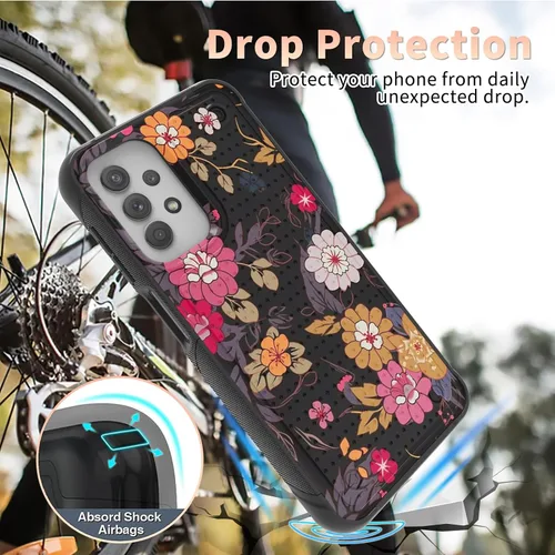 Vista 3 de Funda para Samsung Galaxy A13/A04/A04S/A23/A32 5G con protector de pantalla, parte trasera con textura de policarbonato duro, hermosa flor, diseño