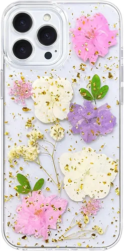 Vista 10 de Abbery Funda diseñada para iPhone 13 Pro con diseño de flores prensadas con purpurina y diseño de goma de silicona suave, diseño de flores reales