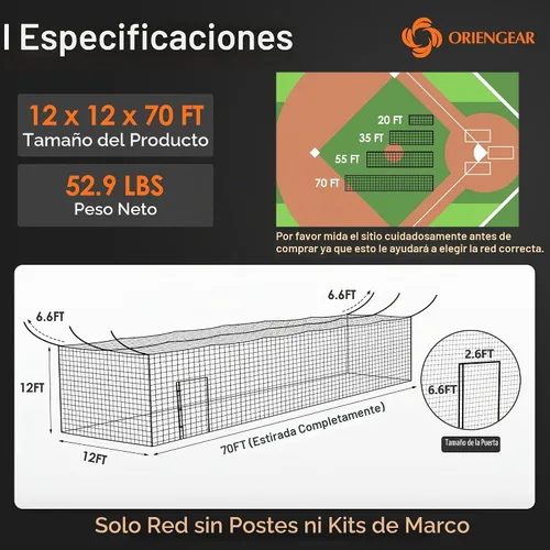 Vista 2 de ORIENGEAR Baseball Batting Cage Nets, ONLY NET, 70'L/55'L/35'L/20'L Baseball and Softball Cage Netting, 1.88" #45 Mesh, Professional Fully Enclosed