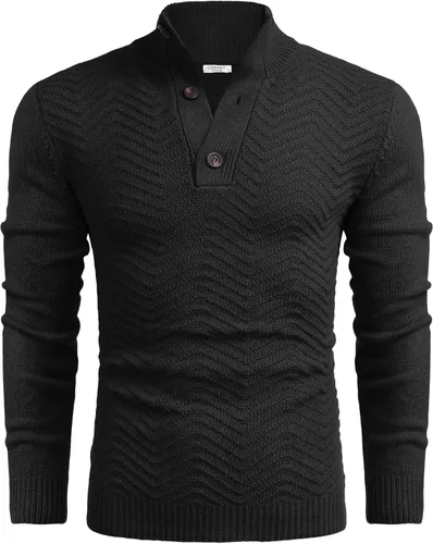 Vista 4 de COOFANDY Suéter de cuello alto Henley de punto trenzado para hombre