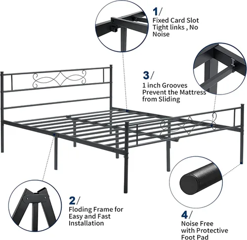 Vista 5 de VECELO Base de cama de tamaño matrimonial con plataforma de metal, base de colchón con cabecero, soporte de listones de acero, no necesita somier