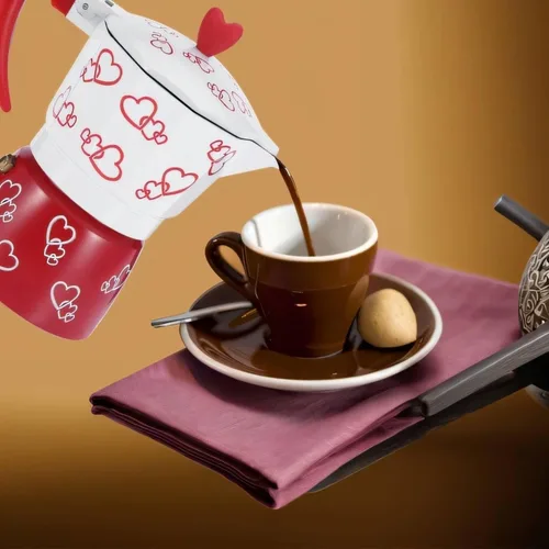 Vista 3 de HERCHR Red Heart - Olla moka de aluminio, cafetera para estufa con cafetera italiana ergonómica para camping, moka espresso (S)
