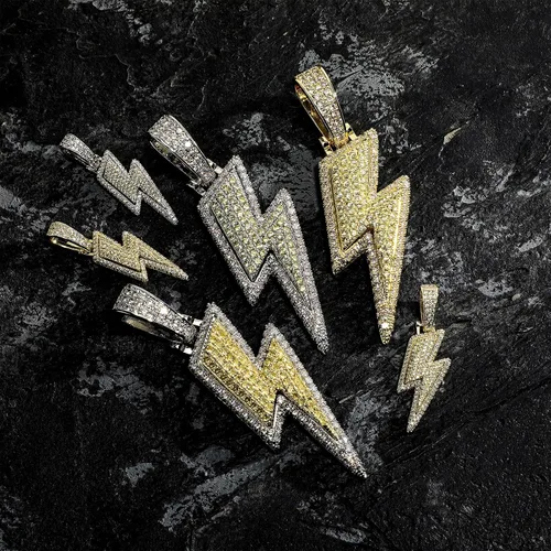 Vista 7 de JINAO Hip Hop - Colgante con diseño de rayo chapado en oro de 18 quilates con circonita cúbica con micropave de imitación de diamante para hombres