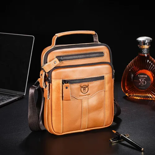 Vista 5 de Bolsos cruzados de cuero para hombre, bolso de hombro casual, bolso de mensajero de viaje, bolso vintage con múltiples bolsillos