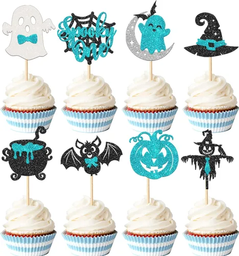 Vista 15 de Rsstarxi Paquete de 24 adornos para cupcakes Little Boo con purpurina, bruja, gato, calabaza, castillo, fantasma, magdalenas, alimentos, decoración