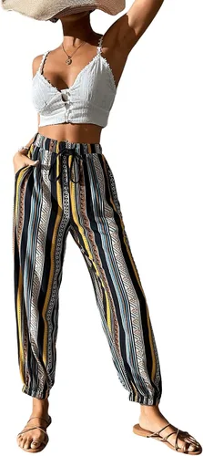 Vista 5 de SweatyRocks Pantalones bohemios de cintura alta elástica con lazo frontal a rayas con bolsillo para mujer