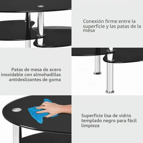 Vista 7 de FANTASK Mesa de centro de vidrio templado, mesa de té ovalada de acero de 3 niveles con amplio escritorio de vidrio, estante de almacenamiento