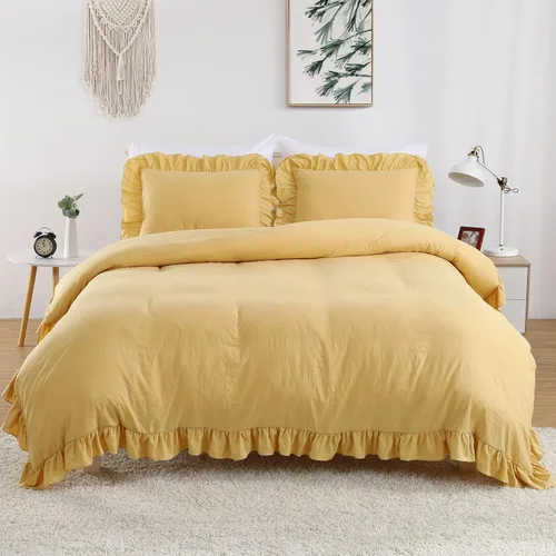 Vista 8 de Juego de funda de edredón rosa con volantes, tamaño Queen, 3 piezas, de microfibra lavada suave, estilo vintage, estilo francés, para cama Queen