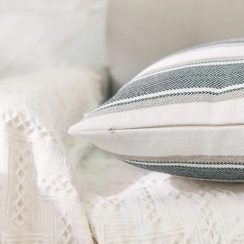 Vista 3 de Funda de almohada a rayas de lino sintético suave cuadrada decorativa con cremallera oculta para sofá, auto o dormitorio 12" x 12" Negro y blanco
