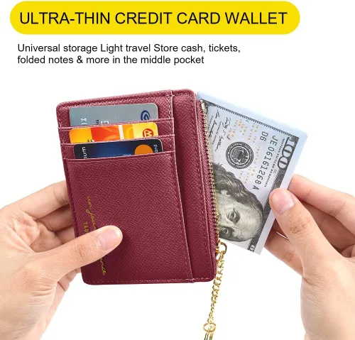 Vista 32 de URAQT Cartera para tarjetas de crédito, cartera minimalista de cuero delgado con cremallera, mini protector de tarjeta de crédito, llavero bolsillo