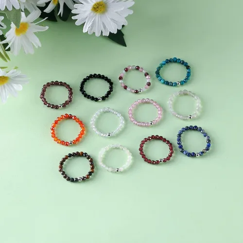 Vista 4 de Tsnamer Anillo de cuentas de cristal, piedras preciosas facetadas naturales, ojo de tigre, cuarzo rosa, amatista, minimalista, apilable, anillo