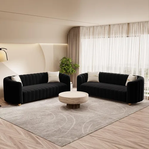 Vista 23 de Moderno juego de sofá de terciopelo negro de 3 piezas para sala de estar, juego de sofá curvado acolchado con patas de esfera de metal dorado