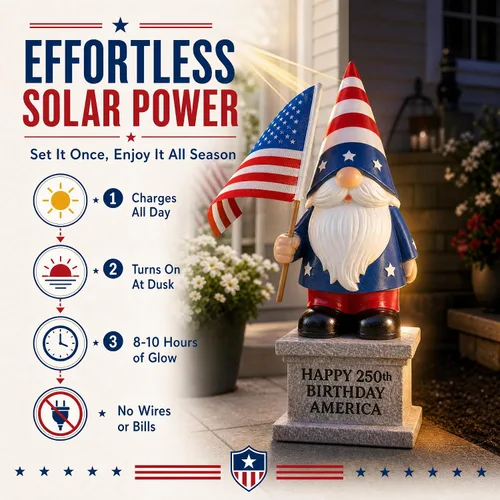 Vista 5 de Gnomo de jardín del 4 de julio con linterna solar de 12 pulgadas, estatua patriótica de resina para patio, césped, patio, bandera estadounidense