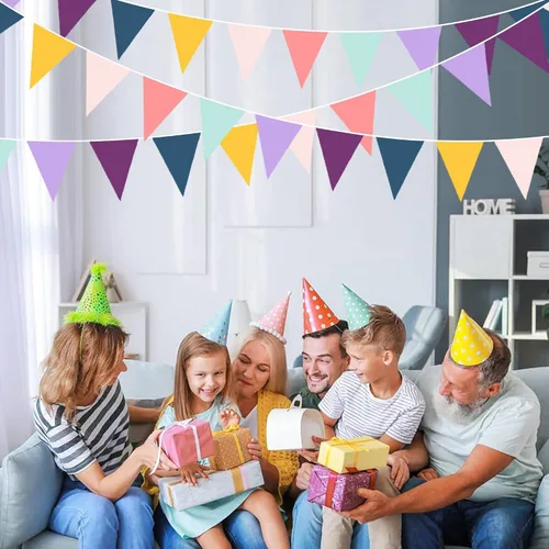 Vista 6 de Decoraciones de fiesta de 32 pies con texto en inglés "Oh Happy Day" ("Oh Happy Day") de tela de color arcoíris triangular, banderines para Colorido