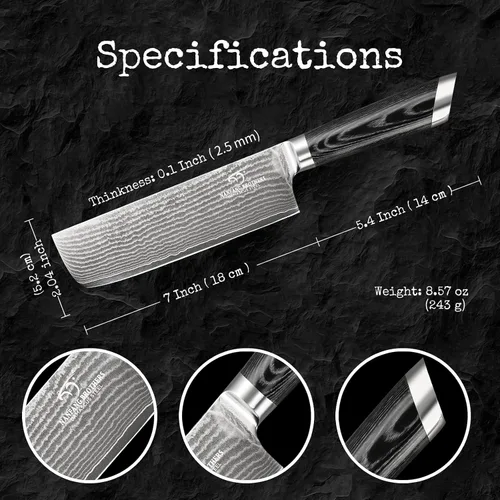 Vista 3 de Cuchillo Damasco Nakiri, cuchillo de cocina profesional de 7 pulgadas con mango ergonómico de madera antideslizante, japonés 10Cr15CoMoV, cuchillo