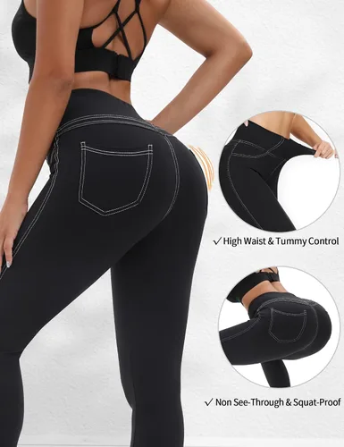 Vista 3 de VOOVEEYA Leggings de cintura alta para mujer, leggings con bolsillos, control de abdomen, tallas grandes, elásticos, pantalones de mezclilla 78
