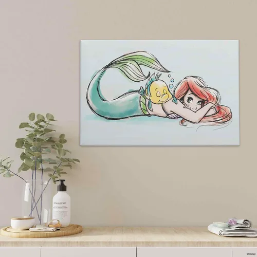 Vista 5 de Open Road Brands Disney - Lienzo decorativo de pared con diseño de Ariel y Flounder de La Sirenita en acuarela - Hermoso arte de pared de Ariel