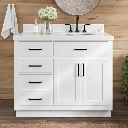 Vista 64 de ARIEL Hepburn - Tocador de baño de 30 pulgadas con fregadero, madera maciza, encimera y protector contra salpicaduras de cuarzo blanco puro de 1.5
