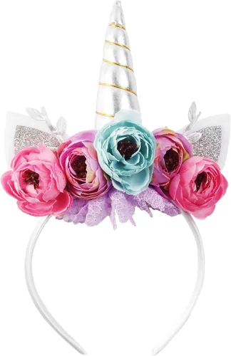 Vista 9 de Nishine Diadema de cuerno de unicornio con purpurina para niñas, diadema de camelia pony, banda para el pelo de flores, tiara para fiesta, regalo