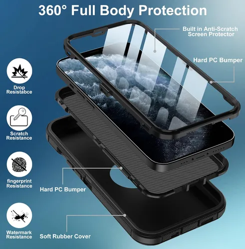 Vista 3 de Funda para iPhone 11 Pro Max, con protector de pantalla integrado, protección contra caídas, cuerpo completo, resistente a prueba de golpes, a