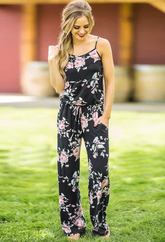 Vista 3 de Amiery - Overol estampado floral para mujer, overol de un único color, informal, cómodo, a rayas, con bolsillos