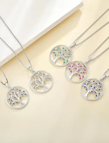Vista 4 de YL - Collar con dije de árbol de la vida de plata esterlina con piedras preciosas y chapado en oro blancorosado