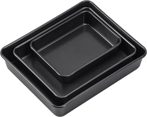 Vista 7 de Juego de 3 bandejas para asar, juego de bandejas antiadherentes para hornear, utensilios rectangulares para horno, revestimiento no tóxico y calidad