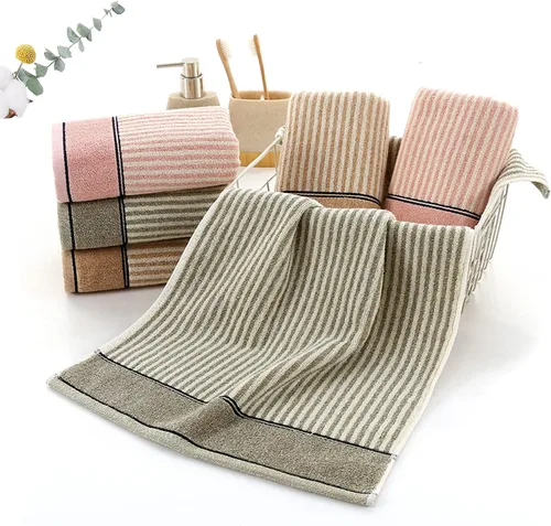 Vista 4 de Pidada Juego de 2 toallas de mano 100% algodón con patrón de rayas absorbentes suaves toallas decorativas para baño (marrón)