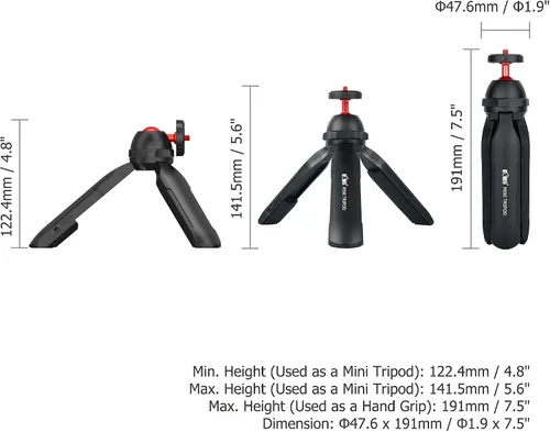 Vista 7 de Vlog - Mini trípode de mano con cargador USB A integrado, trípode de mesa para teléfono con cámara panorámica de 360° e inclinación de 90°