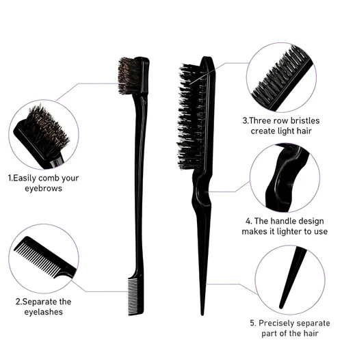 Vista 4 de Cepillo de pelo Slick Back, cerdas de jabalí, forma rectangular, cepillo para definir y desenredar rizos para mujeres y hombres (Negro)