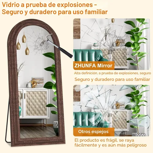 Vista 3 de ZHUNFA Espejo externo arqueado de tres capas de longitud completa con marco de madera maciza, espejo de pie moderno de 65 x 22 pulgadas, decoración