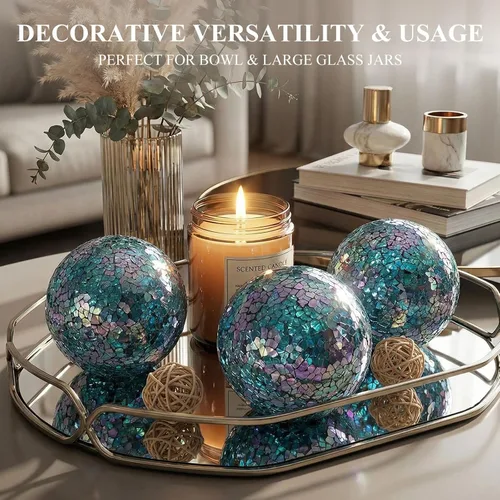 Vista 4 de DomeStar Juego de 3 bolas decorativas de 4 pulgadas de turquesa para cuencos, bolas de vidrio para centros de mesa, esfera de mosaico para Multicolor