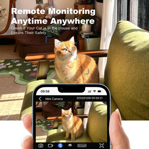 Vista 4 de Mini cámara WiFi 2.4G para casa de gato con calefacción (uso enchufable), 1080P HD, visión nocturna, detección de movimiento, ultra gran angular