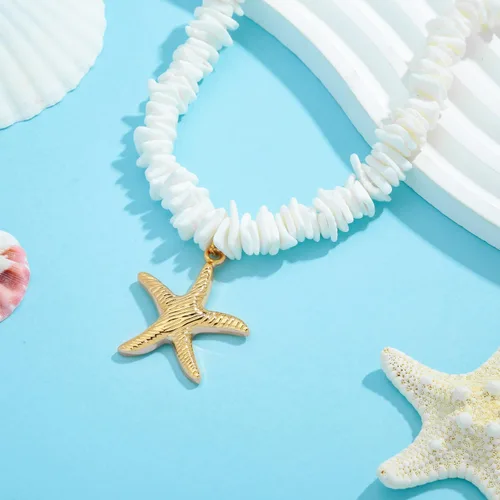Vista 6 de Collar de concha dorada para mujer con arena de playa y cuentas de estrella de mar, gargantilla de cadenas de océano, collar de moda de verano