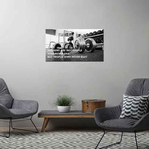 Vista 3 de SkenoArt Gimnasio motivacional arte de pared ganadores son aquellos que nunca renuncian decoración de pared con mancuernas en blanco y negro, lienzo