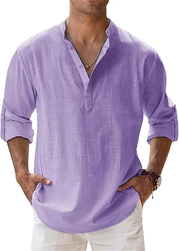 Vista 7 de Camisas de lino para hombre, de manga larga, con botones, de algodón, lino, talla grande, cuello de banda, color sólido, camisa de playa