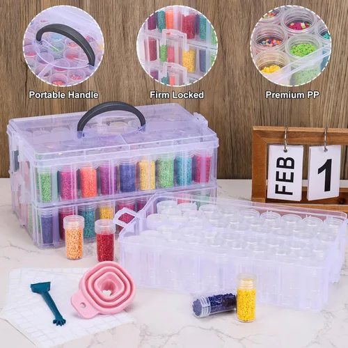Vista 3 de QUEFE Contenedor de almacenamiento de pintura de diamante de 3 niveles, caja organizadora de cuentas portátil de 150 ranuras, organizadores