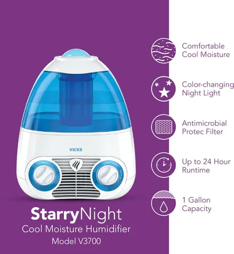 Vista 4 de Vicks Humidificador de niebla fría filtrada Starry Night, habitaciones medianas a grandes, tanque de 1 galón - Humidificador de niebla fría