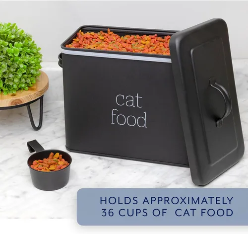 Vista 5 de AuldHome Design Farmhouse - Contenedor de comida para gatos (negro) con aspecto esmaltado rústico con cuchara
