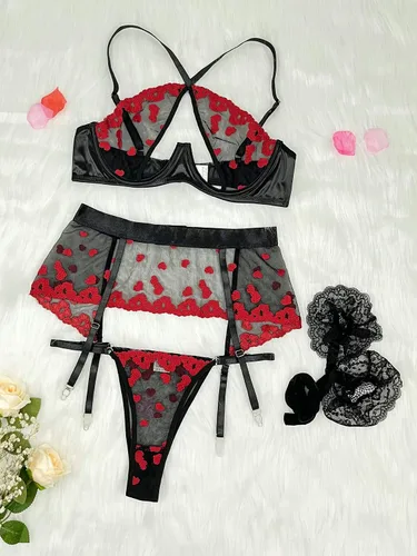 Vista 5 de WDIRARA Conjunto de lencería sexy con estampado de labios entrecruzados de malla con corte de liguero con calcetín