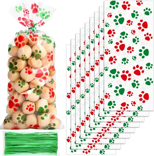 Vista 17 de Blulu 100 bolsas de golosinas para perros, recuerdos de fiesta para cachorros, bolsas de celofán con cono de pata de mascota, dulces sellables por
