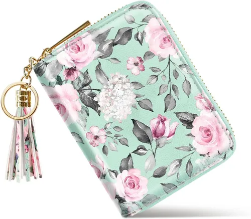 Vista 8 de Coco Rossi Billetera pequeña para tarjetas de crédito RFID con purpurina linda para mujer, C Flores verdes
