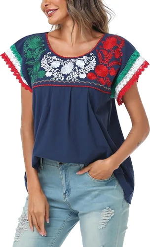 Vista 2 de YZXDORWJ Blusa tradicional colorida de encaje bordado mexicano para mujer, tricolor, camiseta del día de la independencia mexicana
