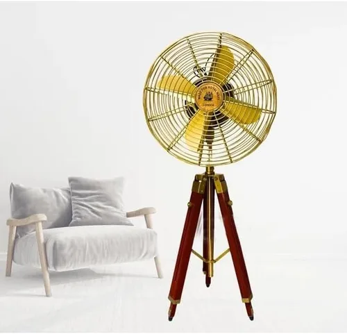 Vista 9 de Ventilador eléctrico con cable hecho a mano de latón antiguo estilo vintage con soporte de trípode ajustable de madera, diseño retro, coleccionable