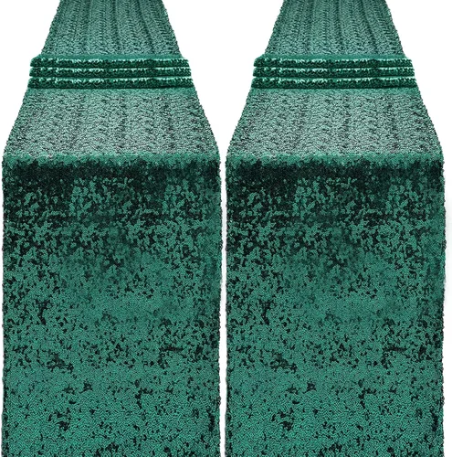 Vista 7 de Camino de mesa de lentejuelas de 72 pulgadas de largo, camino de mesa con purpurina verde para fiestas, bodas, novias, 2 piezas, verde