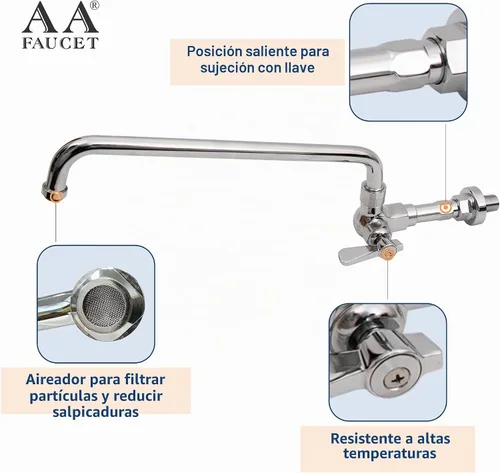 Vista 4 de Grifo de rango Wok manual comercial de montaje en pared individual con caño giratorio de 14 pulgadas, construcción de latón cromado pulido